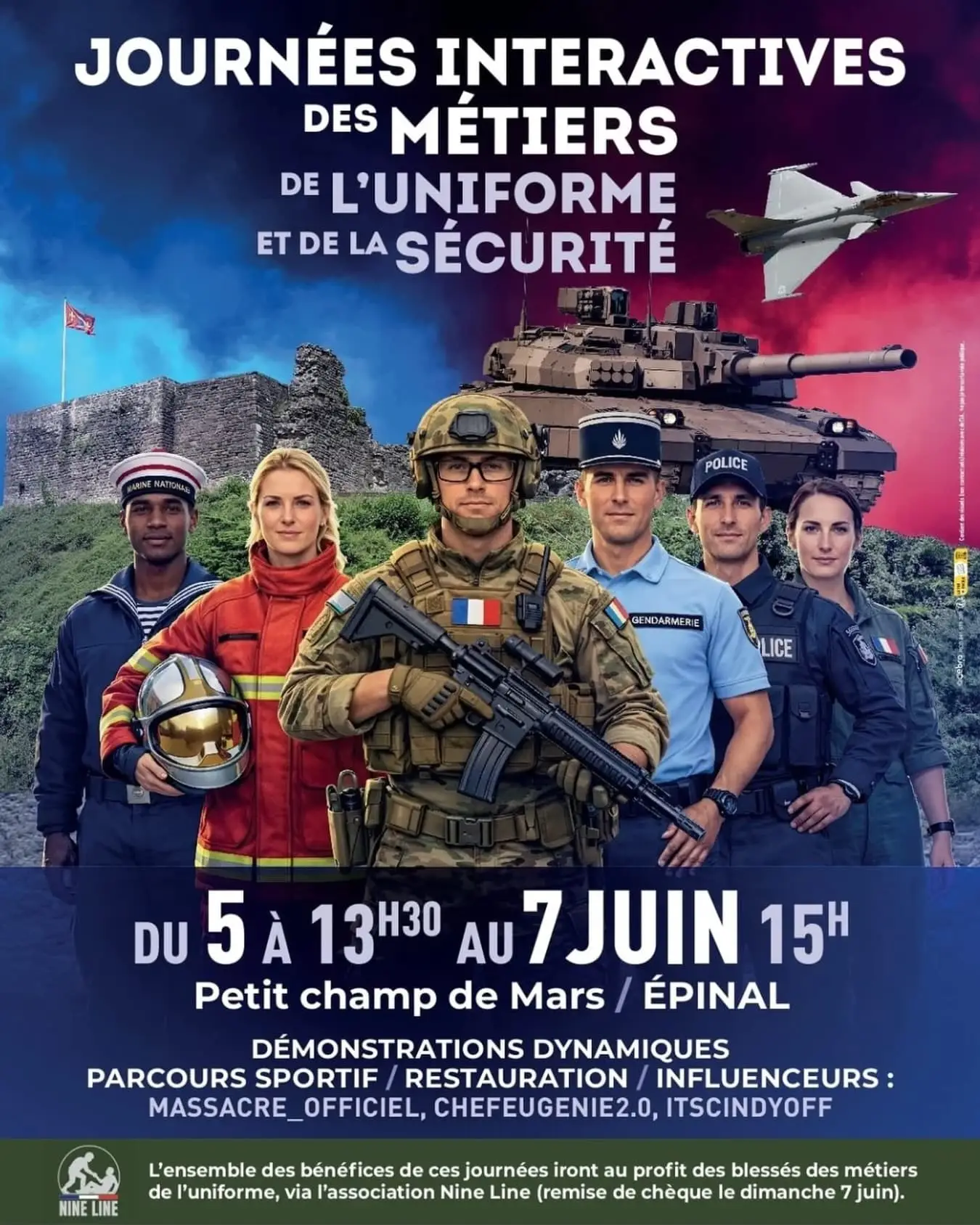 Affiche Village Défense Épinal du 5 au 7 juin avec la présence de l'association pour les blessés Nine Line